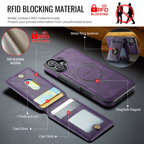 For iPhone 16 Plus DG.MING K1 MagSafe Detachable Wallet RFID Back Cover Phone Case(Purple)
