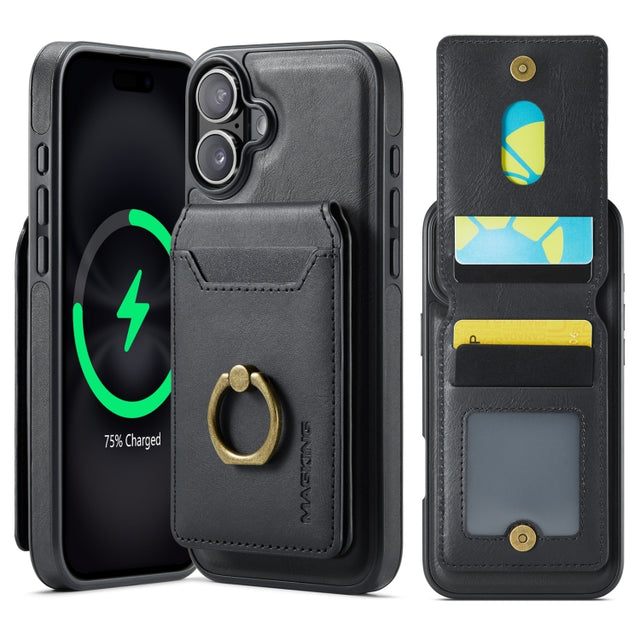 For iPhone 16 DG.MING K1 MagSafe Detachable Wallet RFID Back Cover Phone Case(Black)
