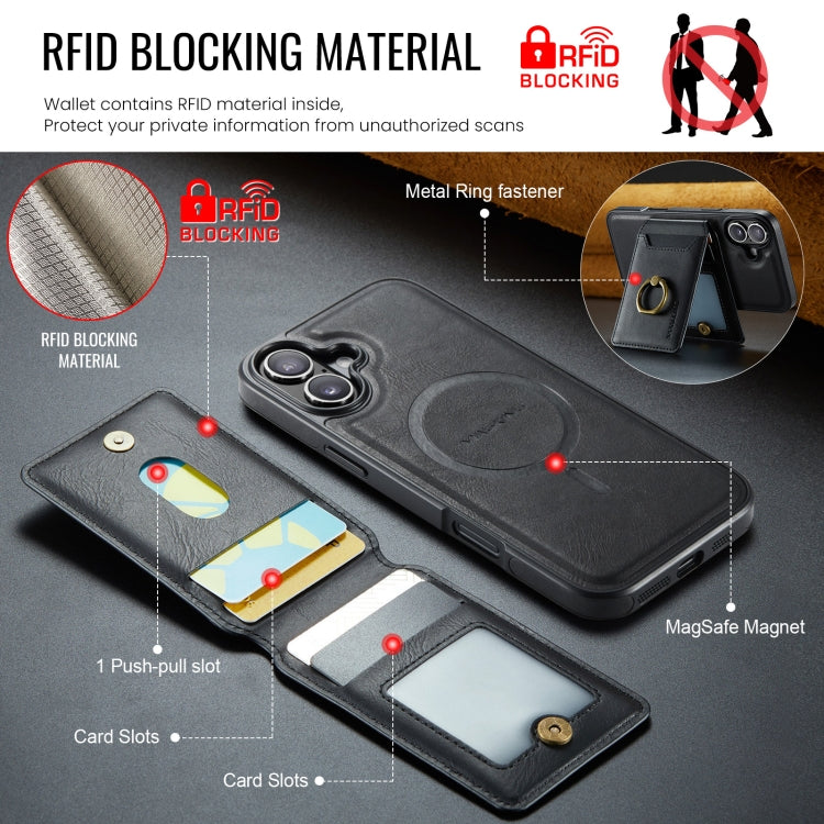 For iPhone 16 DG.MING K1 MagSafe Detachable Wallet RFID Back Cover Phone Case(Black)