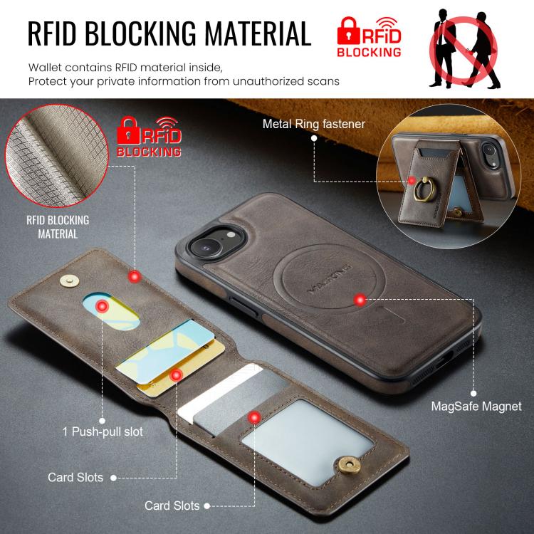 For iPhone 16e DG.MING K1 MagSafe Detachable Wallet RFID Back Cover Phone Case(Coffee)