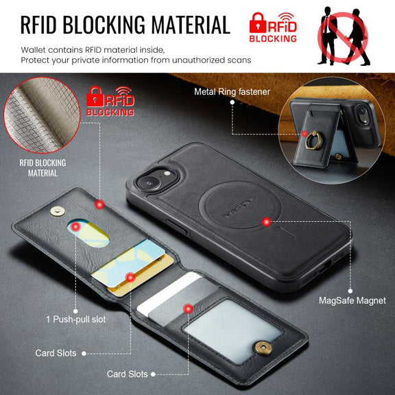 For iPhone 16e DG.MING K1 MagSafe Detachable Wallet RFID Back Cover Phone Case(Black)