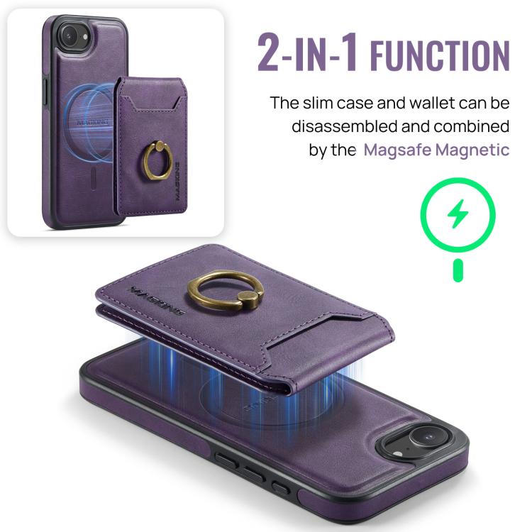 For iPhone 16e DG.MING K1 MagSafe Detachable Wallet RFID Back Cover Phone Case(Purple)
