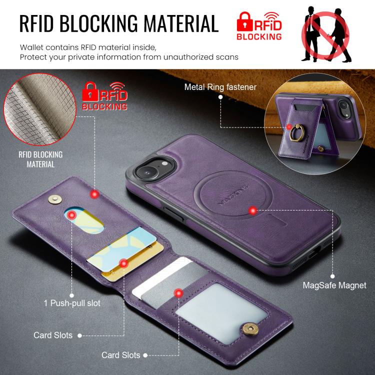 For iPhone 16e DG.MING K1 MagSafe Detachable Wallet RFID Back Cover Phone Case(Purple)