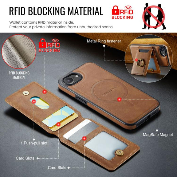 For iPhone 16e DG.MING K1 MagSafe Detachable Wallet RFID Back Cover Phone Case(Brown)