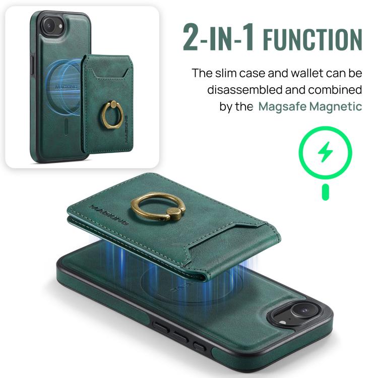 For iPhone 16e DG.MING K1 MagSafe Detachable Wallet RFID Back Cover Phone Case(Green)