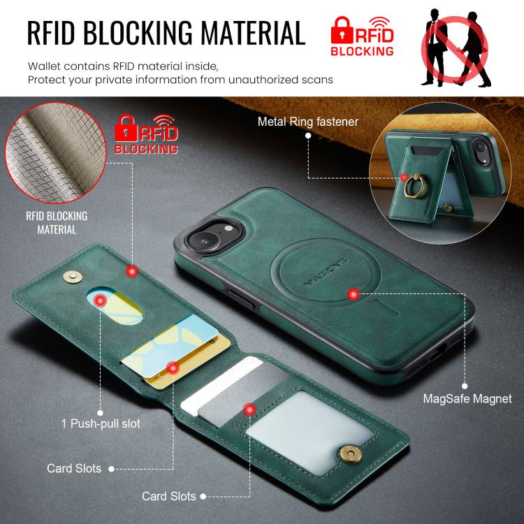 For iPhone 16e DG.MING K1 MagSafe Detachable Wallet RFID Back Cover Phone Case(Green)