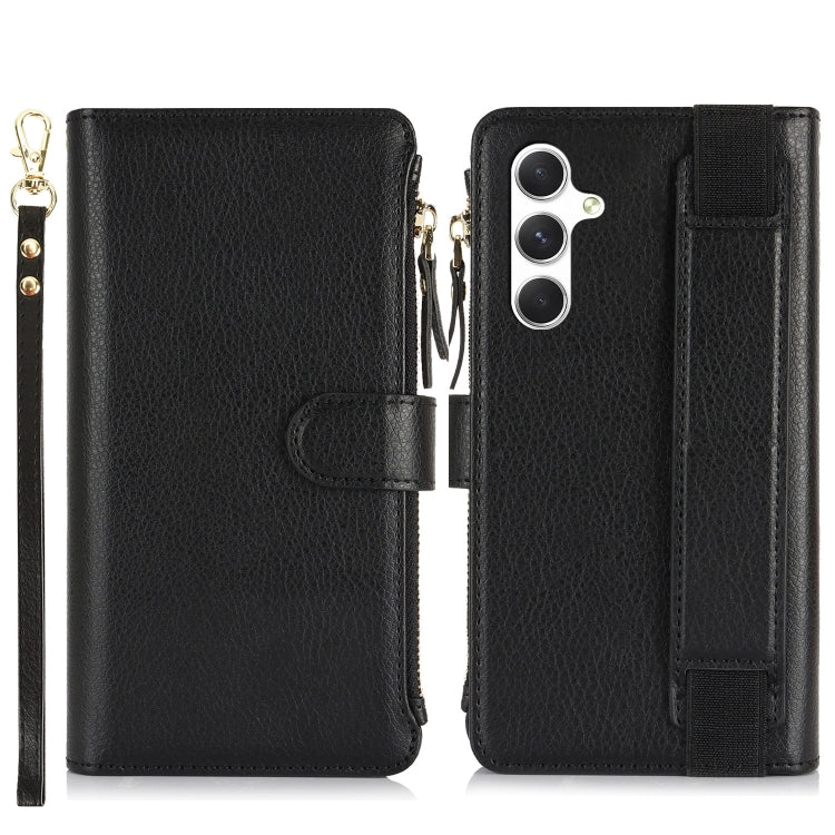For Samsung Galaxy S24 5G Wristband Holder Zipper Purse RFID Leather Phone Case(Black)
