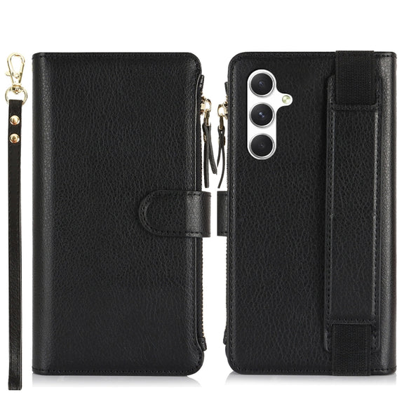 For Samsung Galaxy S24 5G Wristband Holder Zipper Purse RFID Leather Phone Case(Black)