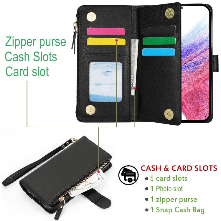 For Samsung Galaxy S24 5G Wristband Holder Zipper Purse RFID Leather Phone Case(Black)