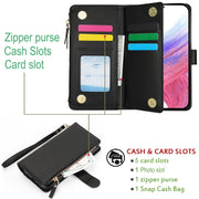 For Samsung Galaxy S24 5G Wristband Holder Zipper Purse RFID Leather Phone Case(Black)