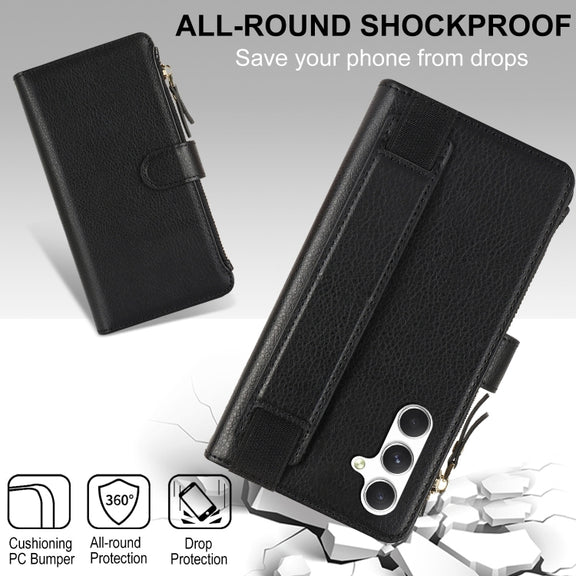 For Samsung Galaxy S24 5G Wristband Holder Zipper Purse RFID Leather Phone Case(Black)