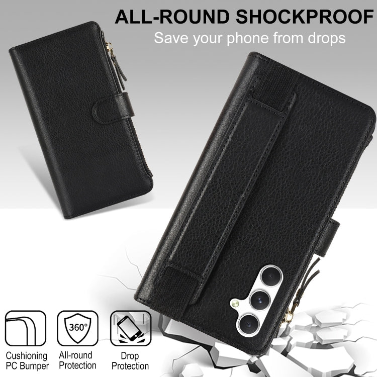 For Samsung Galaxy S24 5G Wristband Holder Zipper Purse RFID Leather Phone Case(Black)
