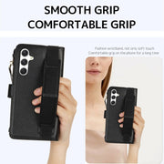 For Samsung Galaxy S24 5G Wristband Holder Zipper Purse RFID Leather Phone Case(Black)