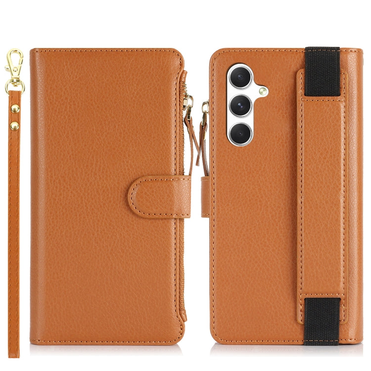 For Samsung Galaxy S24 5G Wristband Holder Zipper Purse RFID Leather Phone Case(Brown)