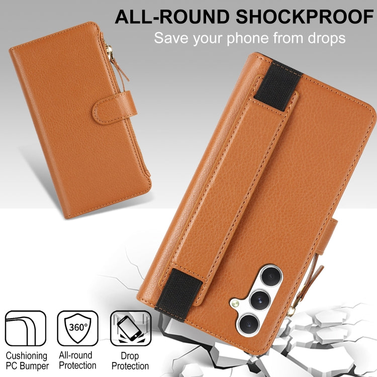 For Samsung Galaxy S24 5G Wristband Holder Zipper Purse RFID Leather Phone Case(Brown)