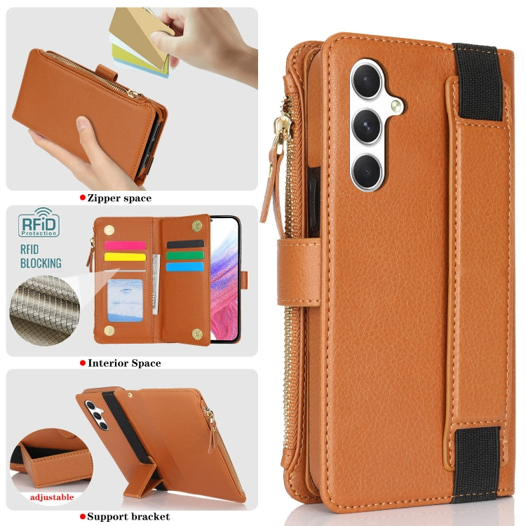 For Samsung Galaxy S24 5G Wristband Holder Zipper Purse RFID Leather Phone Case(Brown)