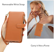 For Samsung Galaxy S24 5G Wristband Holder Zipper Purse RFID Leather Phone Case(Brown)