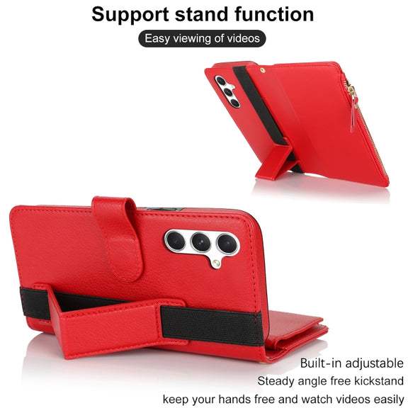 For Samsung Galaxy S24 5G Wristband Holder Zipper Purse RFID Leather Phone Case(Red)