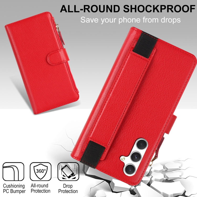 For Samsung Galaxy S24 5G Wristband Holder Zipper Purse RFID Leather Phone Case(Red)