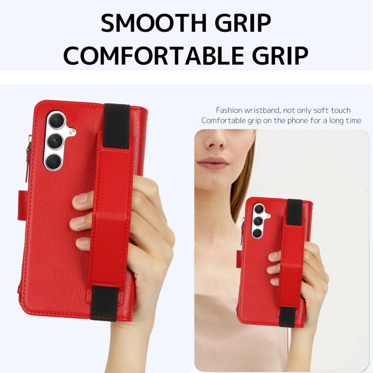 For Samsung Galaxy S24 5G Wristband Holder Zipper Purse RFID Leather Phone Case(Red)