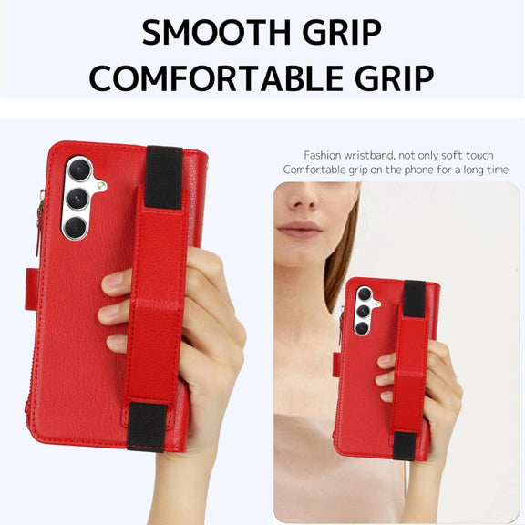 For Samsung Galaxy S24 5G Wristband Holder Zipper Purse RFID Leather Phone Case(Red)
