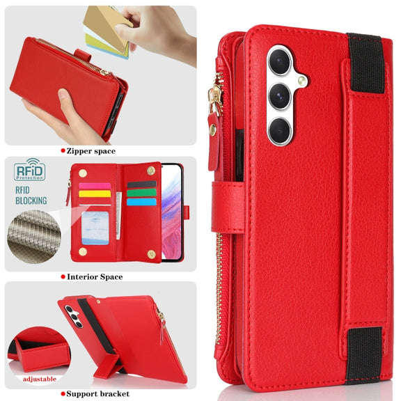 For Samsung Galaxy S24 5G Wristband Holder Zipper Purse RFID Leather Phone Case(Red)