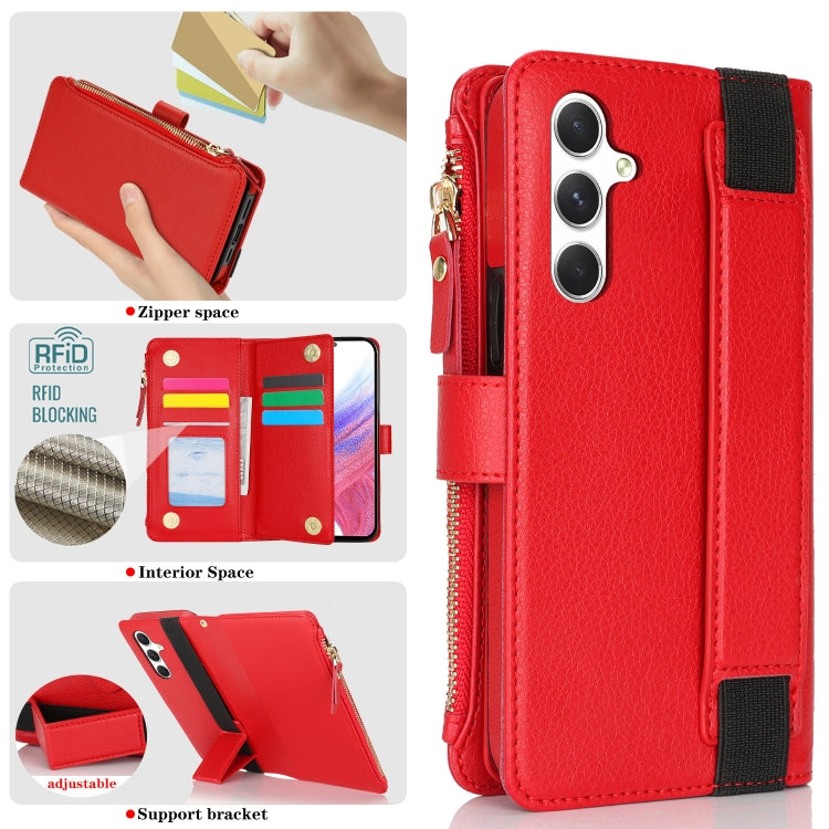 For Samsung Galaxy S24 5G Wristband Holder Zipper Purse RFID Leather Phone Case(Red)