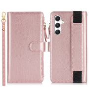 For Samsung Galaxy S24 5G Wristband Holder Zipper Purse RFID Leather Phone Case(Rose Gold)