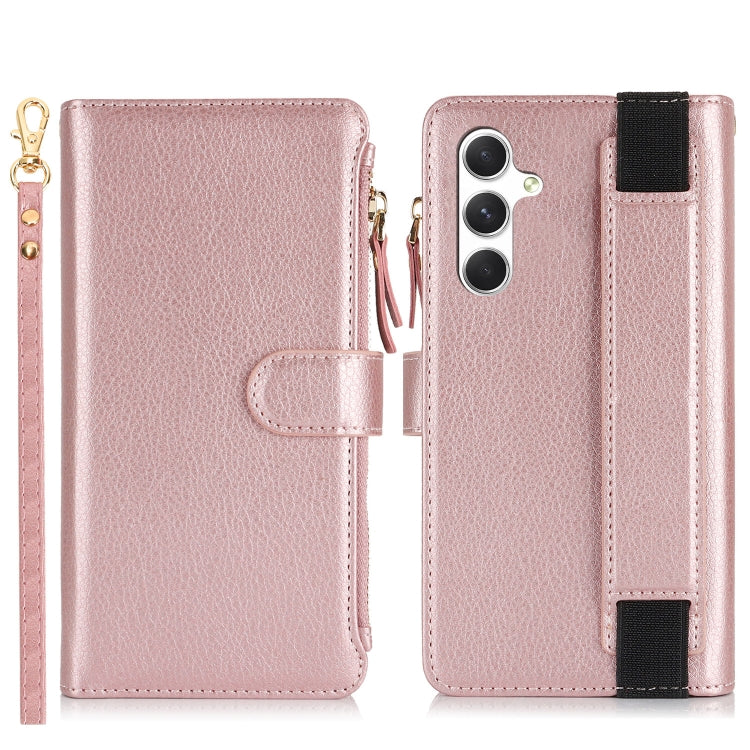 For Samsung Galaxy S24 5G Wristband Holder Zipper Purse RFID Leather Phone Case(Rose Gold)