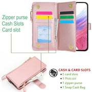 For Samsung Galaxy S24 5G Wristband Holder Zipper Purse RFID Leather Phone Case(Rose Gold)