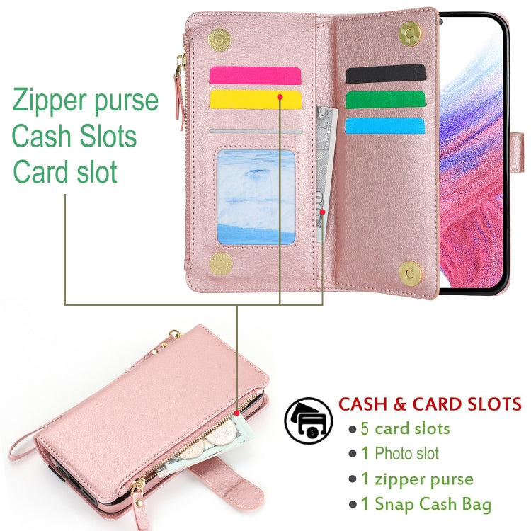 For Samsung Galaxy S24 5G Wristband Holder Zipper Purse RFID Leather Phone Case(Rose Gold)