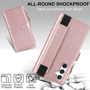 For Samsung Galaxy S24 5G Wristband Holder Zipper Purse RFID Leather Phone Case(Rose Gold)