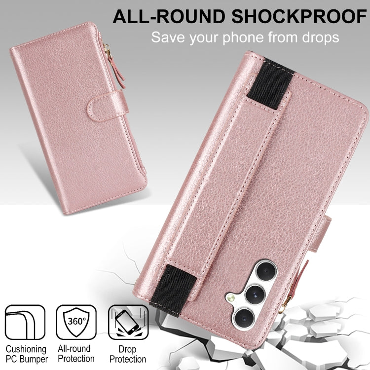 For Samsung Galaxy S24 5G Wristband Holder Zipper Purse RFID Leather Phone Case(Rose Gold)