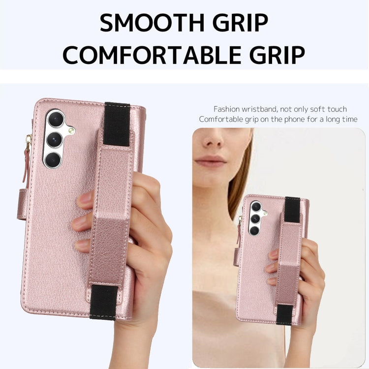 For Samsung Galaxy S24 5G Wristband Holder Zipper Purse RFID Leather Phone Case(Rose Gold)