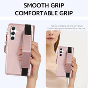 For Samsung Galaxy S24 5G Wristband Holder Zipper Purse RFID Leather Phone Case(Rose Gold)