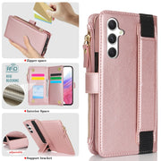 For Samsung Galaxy S24 5G Wristband Holder Zipper Purse RFID Leather Phone Case(Rose Gold)