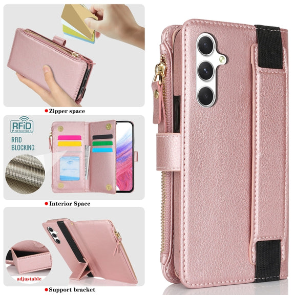 For Samsung Galaxy S24 5G Wristband Holder Zipper Purse RFID Leather Phone Case(Rose Gold)
