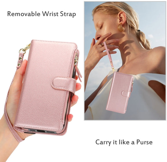 For Samsung Galaxy S24 5G Wristband Holder Zipper Purse RFID Leather Phone Case(Rose Gold)