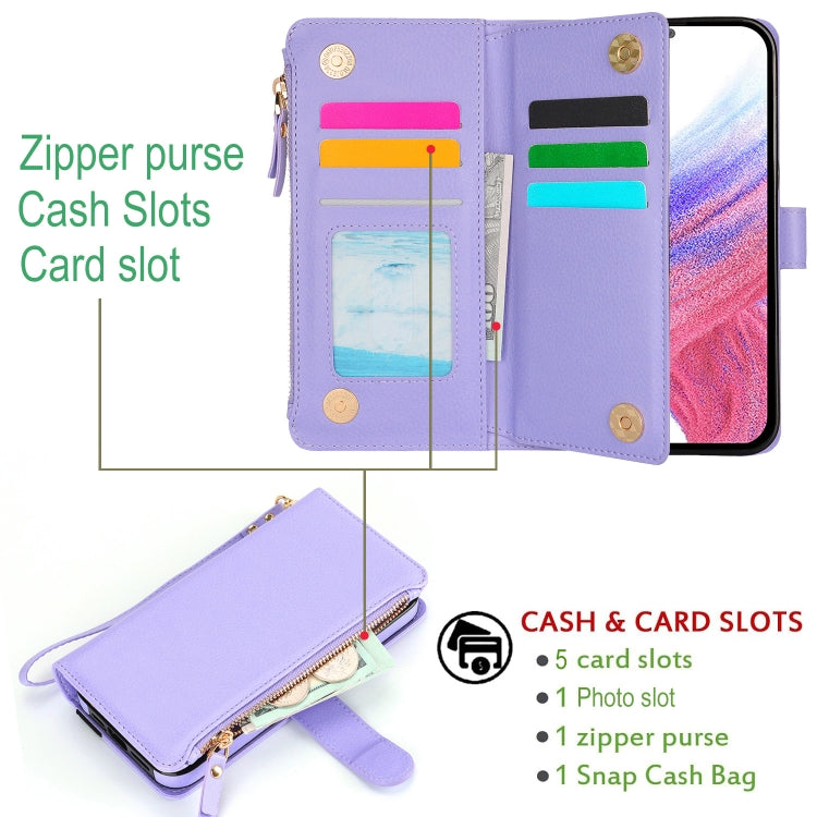 For Samsung Galaxy S24 5G Wristband Holder Zipper Purse RFID Leather Phone Case(Purple)