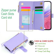 For Samsung Galaxy S24 5G Wristband Holder Zipper Purse RFID Leather Phone Case(Purple)