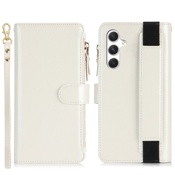 For Samsung Galaxy S24 5G Wristband Holder Zipper Purse RFID Leather Phone Case(White)