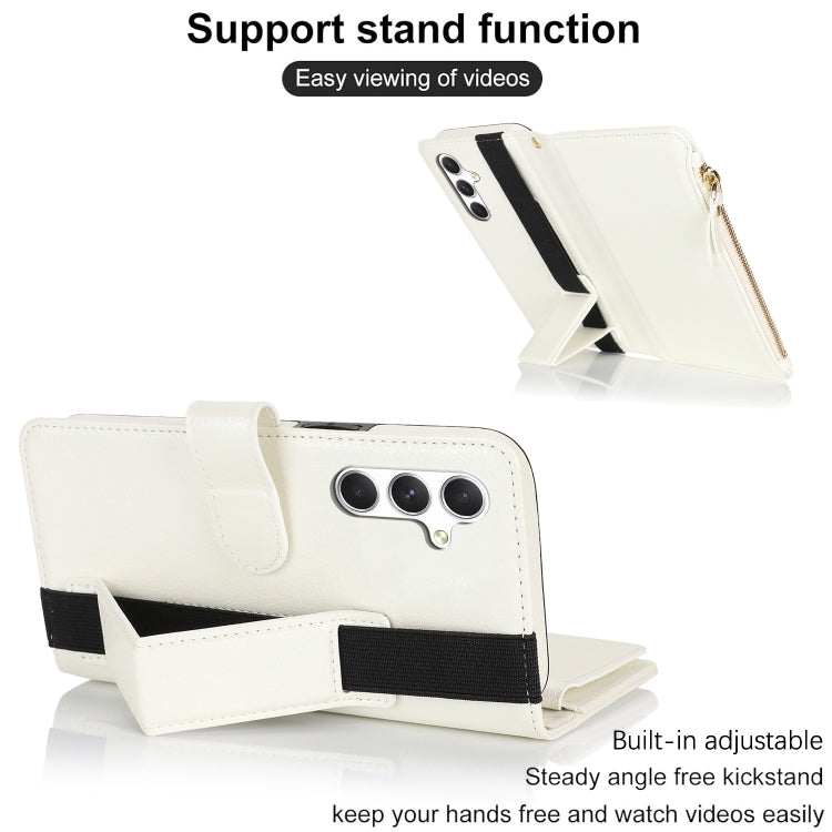 For Samsung Galaxy S24 5G Wristband Holder Zipper Purse RFID Leather Phone Case(White)