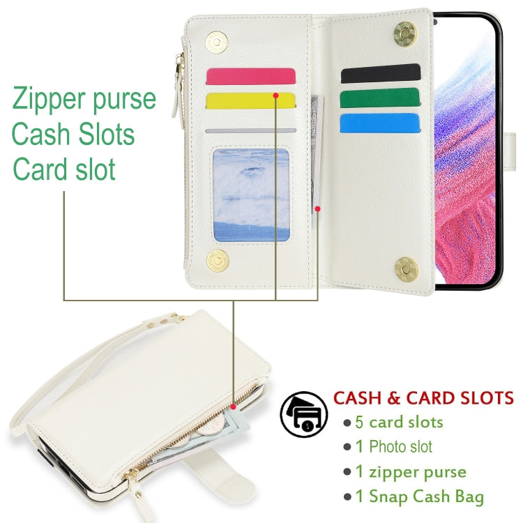 For Samsung Galaxy S24 5G Wristband Holder Zipper Purse RFID Leather Phone Case(White)