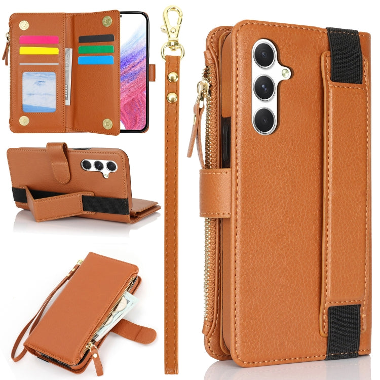 For Samsung Galaxy S24+ 5G Wristband Holder Zipper Purse RFID Leather Phone Case(Brown)