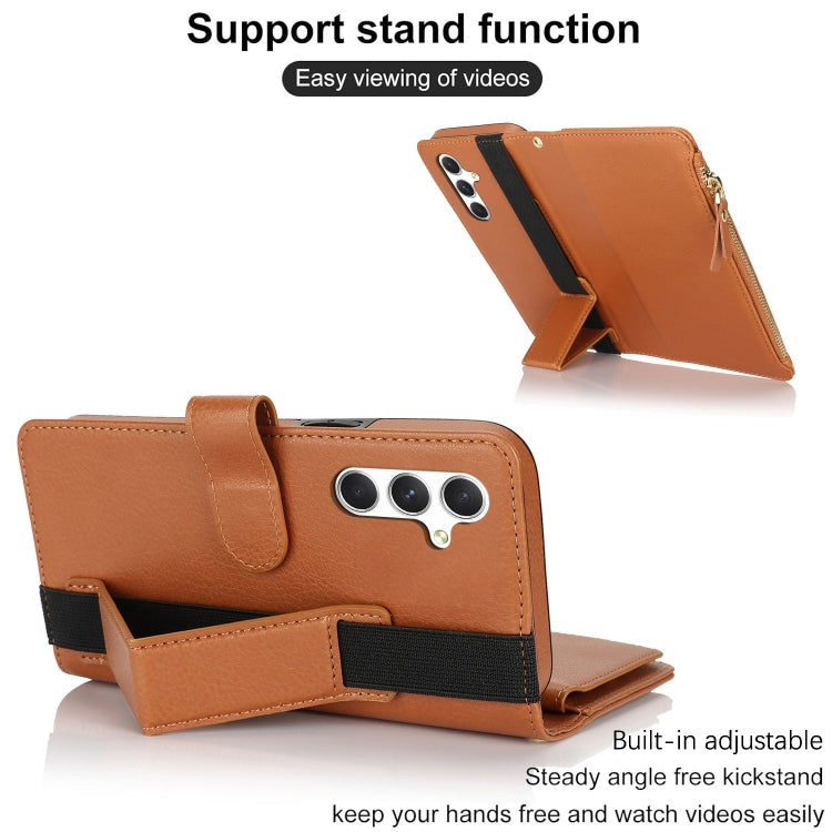 For Samsung Galaxy S24+ 5G Wristband Holder Zipper Purse RFID Leather Phone Case(Brown)
