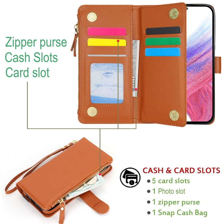 For Samsung Galaxy S24+ 5G Wristband Holder Zipper Purse RFID Leather Phone Case(Brown)