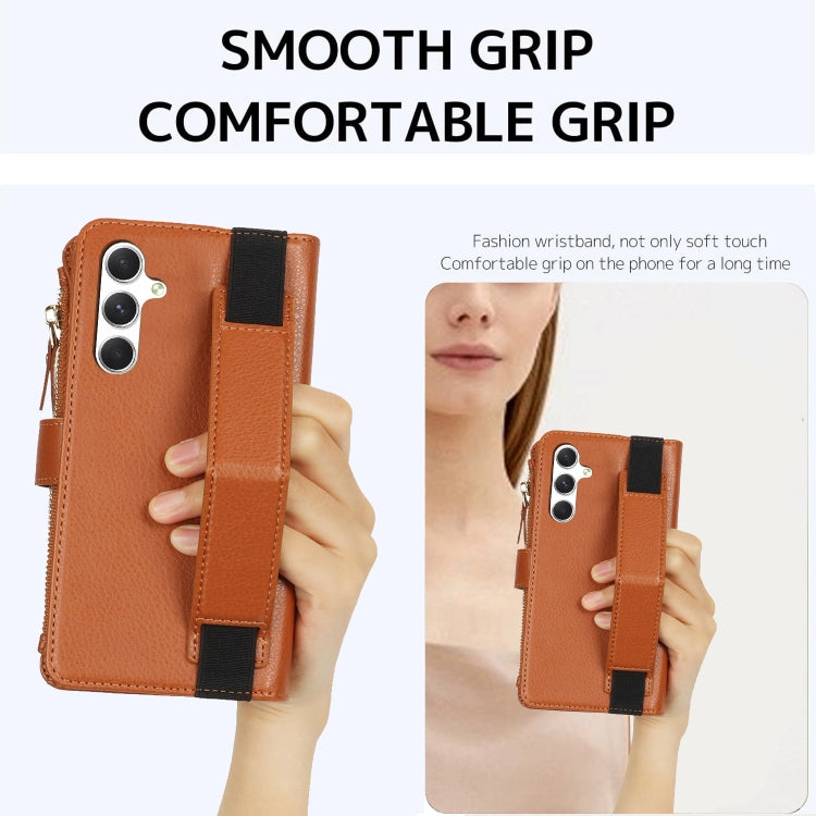 For Samsung Galaxy S24+ 5G Wristband Holder Zipper Purse RFID Leather Phone Case(Brown)