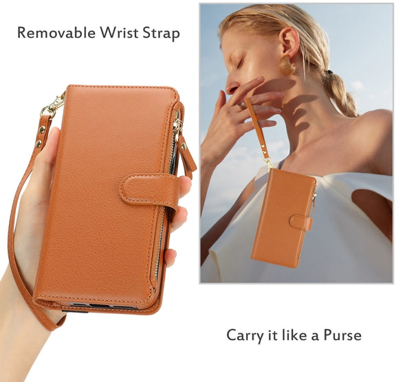 For Samsung Galaxy S24+ 5G Wristband Holder Zipper Purse RFID Leather Phone Case(Brown)