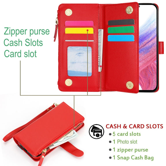 For Samsung Galaxy S24+ 5G Wristband Holder Zipper Purse RFID Leather Phone Case(Red)