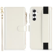 For Samsung Galaxy S24+ 5G Wristband Holder Zipper Purse RFID Leather Phone Case(White)
